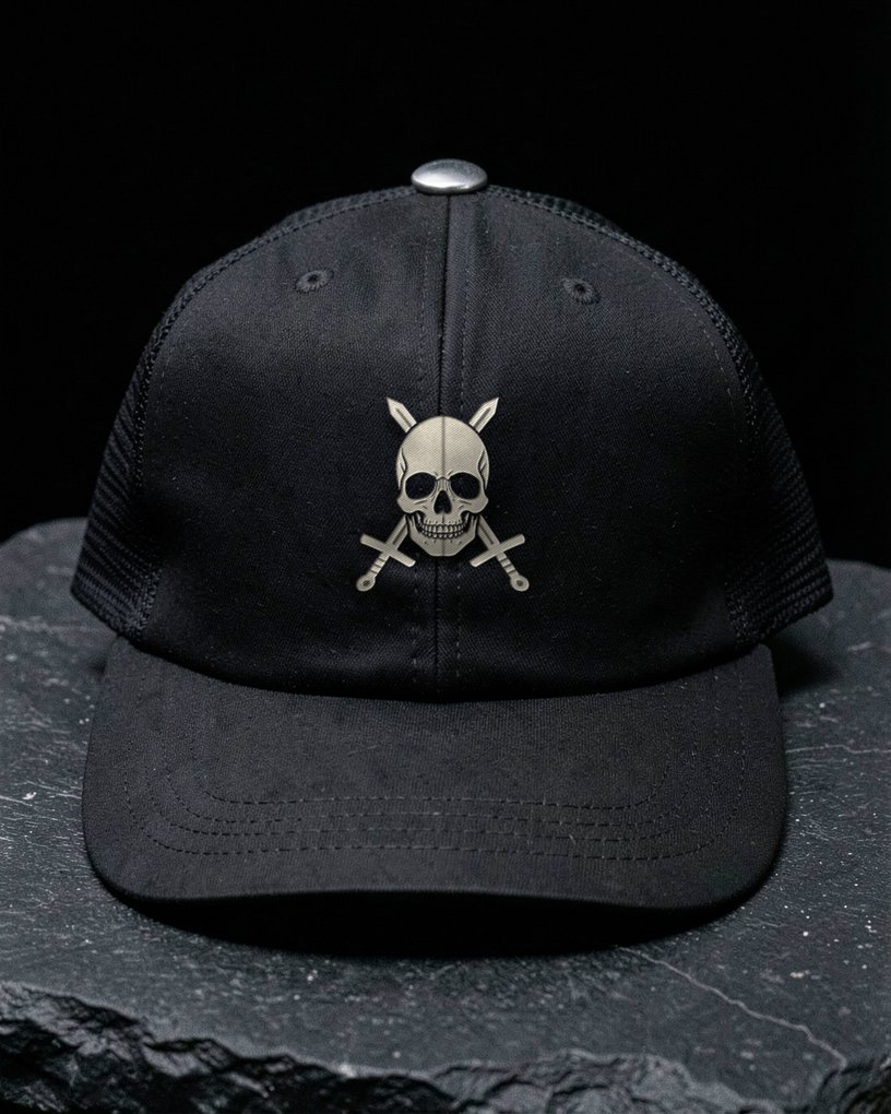 A black trucker hat embroidered in cream with the Last Rites skull and crossed swords, with a sterling silver top button.