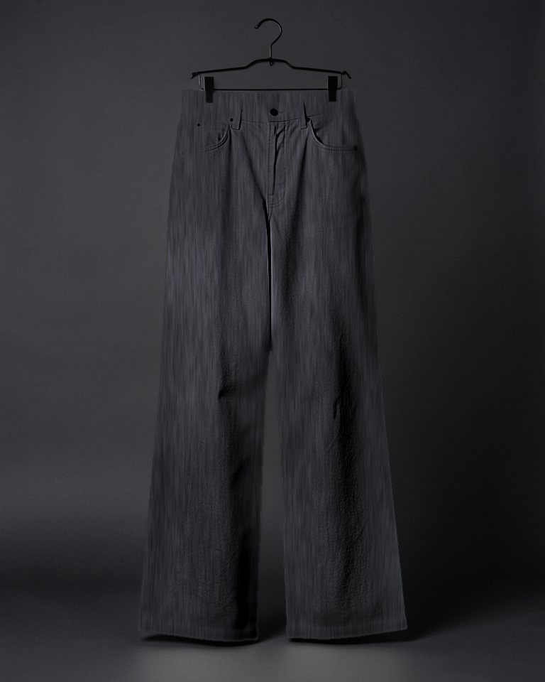 Wide leg washed black jeans hanging from a clip hanger against charcoal.